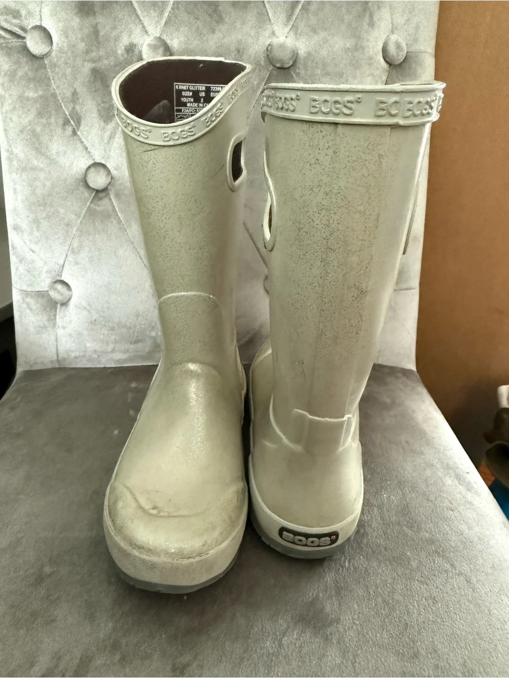 Bogs Kids Girls Glitter Silver Pull On Rubber Waterproof Rain Boots Youth Size 2